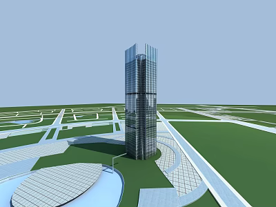 Tall Modern Glass Office Building With Urban Green Landscaping And Plaza 3d model