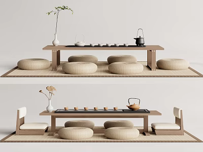 Modern Tea Table and Chairs with Round Cushions Tea Set Vase and Green Plant 3d model