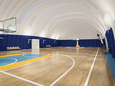 Modern Indoor Basketball Gymnasium Interior with Wooden Floor Blue Walls and Yellow Court Lines 3d model