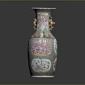 Chinese Antique Vase With Colorful Painted Intricate Figures And Double Ear Handles