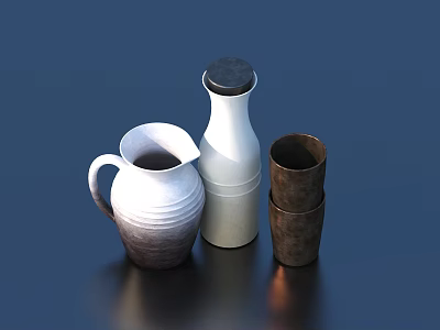 Stylish Tableware Set Featuring White Jug White Bottle with Black Lid and Stacked Brown Cups 3d model