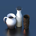 Stylish Tableware Set Featuring White Jug White Bottle with Black Lid and Stacked Brown Cups