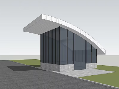 Modern Building Design With Glass Curtain Wall Stone Base And Sloped White Roof 3d model