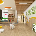 Sunlit Kindergarten Interior Featuring Wooden Floor Bookshelf Green Plants And Colorful Decorations