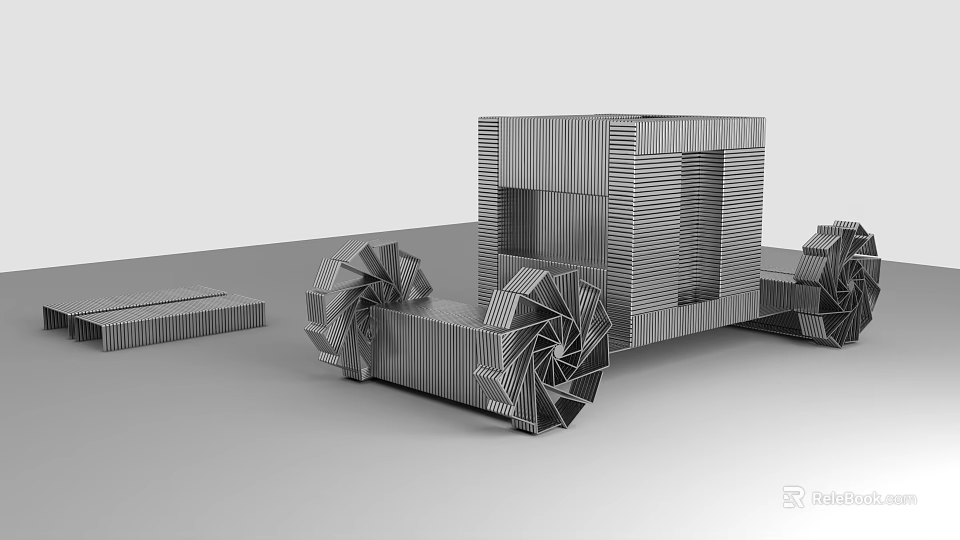 Modern Architectural Model With Striped Cube And Spiral Geometric Structures 3d model 