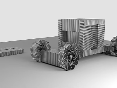 Modern Architectural Model With Striped Cube And Spiral Geometric Structures 3d model
