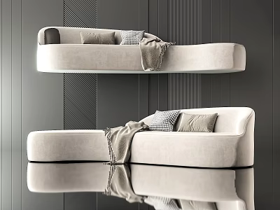 Modern Cream Colored Sectional Sofa With Pillows And Throw Blanket On Gray Wall Background 3d model