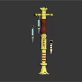 Golden Cosmic Launcher With Red Stripes And Small Missile Like Objects For Space Missions