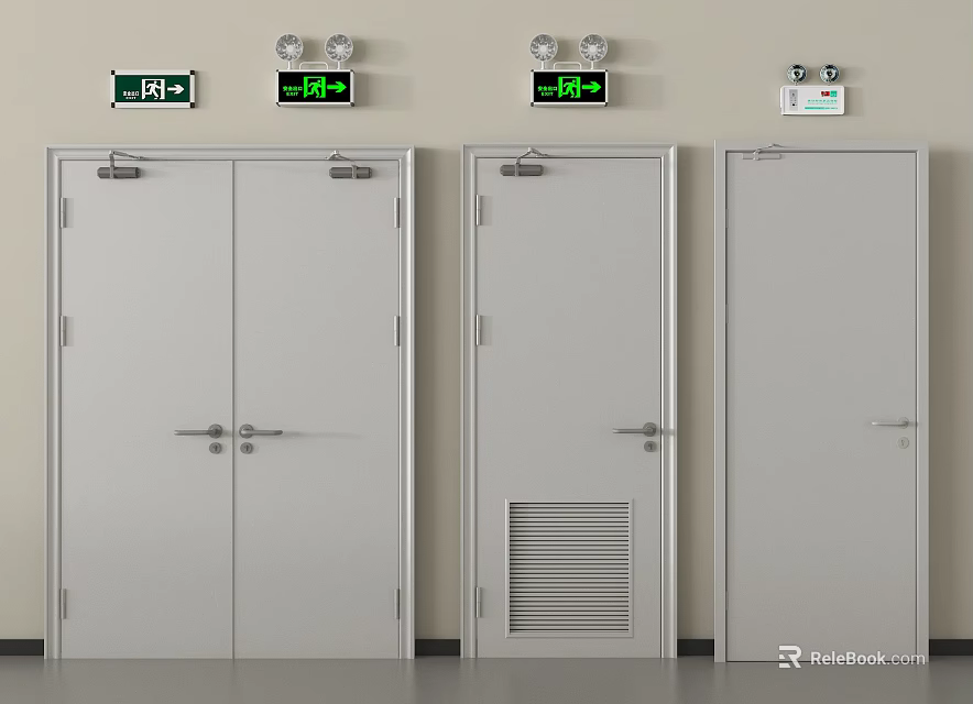 Grey Emergency Exit Safety Doors With Double And Single Panels And Green Indicator Lights 3d model 
