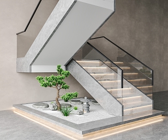 Modern minimalist staircase corner staircase marble staircase glass handrail staircase landscaping villa staircase 3d model