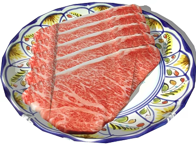 Fresh Marbled Wagyu Beef Slices On Decorative Plate With Colorful Floral Pattern 3d model