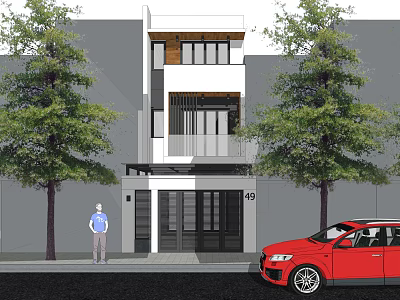Modern Detached Villa Exterior Design With Balcony Trees Red Car And Entrance 3d model