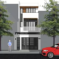 Modern Detached Villa Exterior Design With Balcony Trees Red Car And Entrance