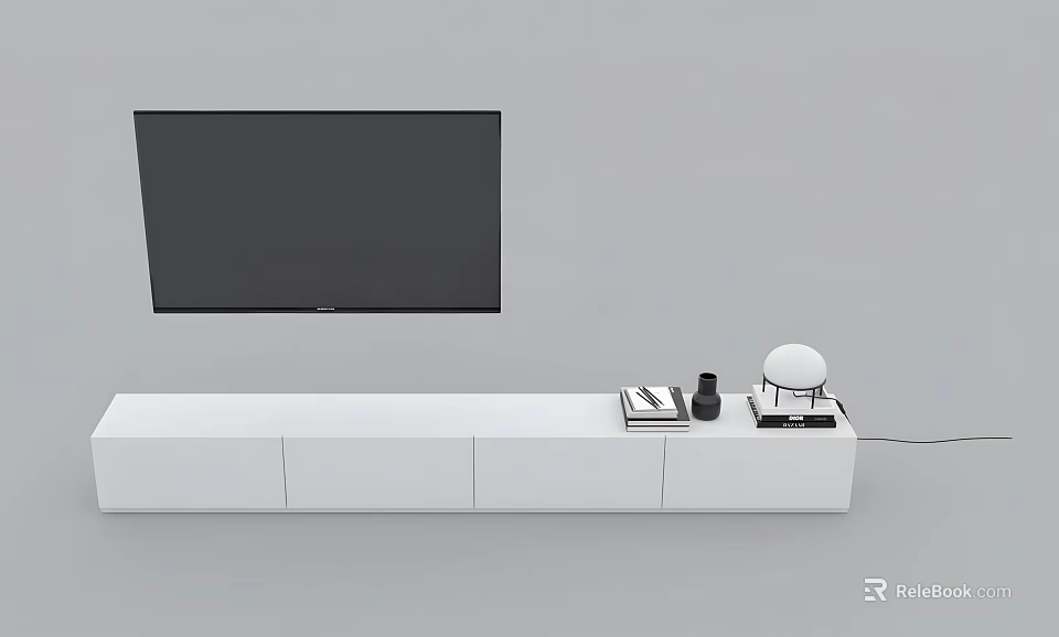 Modern White TV Stand With Storage Drawers And Wall Mounted TV And Remote Control 3d model 
