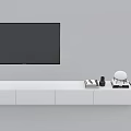 Modern White TV Stand With Storage Drawers And Wall Mounted TV And Remote Control