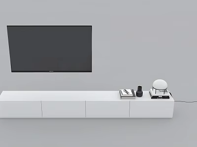 Modern White TV Stand With Storage Drawers And Wall Mounted TV And Remote Control 3d model