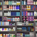 Organized Daily Necessities on Pharmacy Shelves Featuring Various Bottles and Boxes