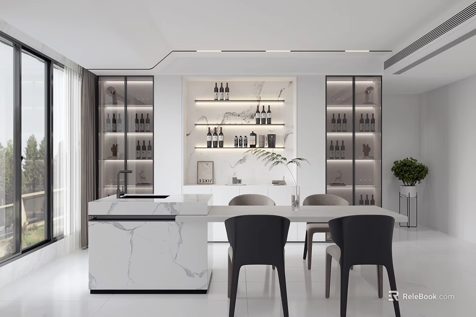 Modern Open Restaurant Interior With Marble Counter Wine Cabinets And Dining Chairs 3d model