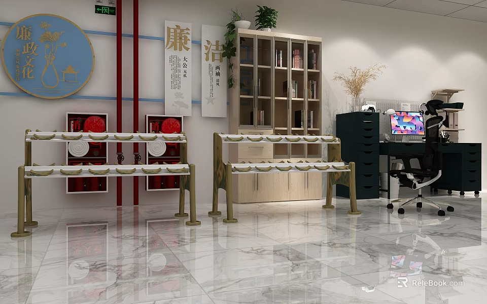 Corporate Exhibition Hall Featuring Integrity Theme Bookshelves Display Shelves Green Plants And Marble Flooring 3d model 