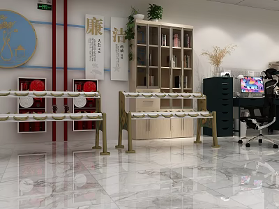 Corporate Exhibition Hall Featuring Integrity Theme Bookshelves Display Shelves Green Plants And Marble Flooring 3d model