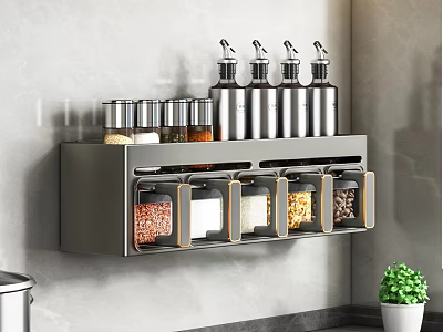 Kitchen Wall Mounted Spice Rack Featuring Stainless Steel Bottles And Storage Containers 3d model