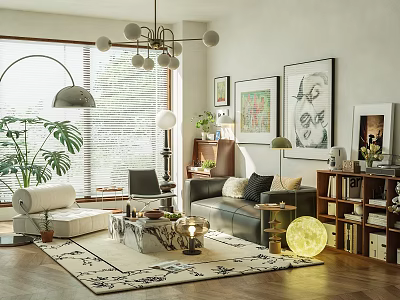 Modern Living Room Interior Design With Chandelier Large Window Leather Sofa And Artworks 3d model