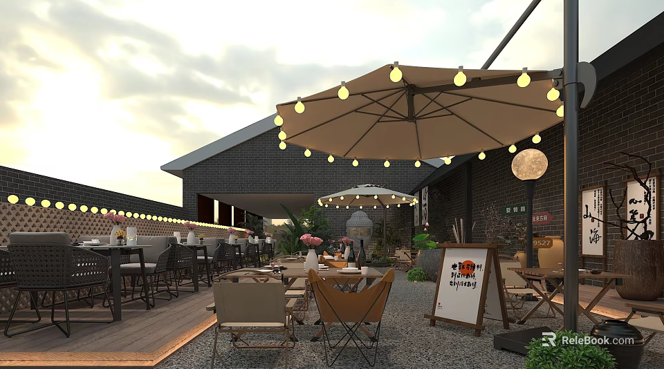 Outdoor Garden Landscape Design With Umbrella String Lights Tables Chairs Gravel Ground And Green Plants 3d model 