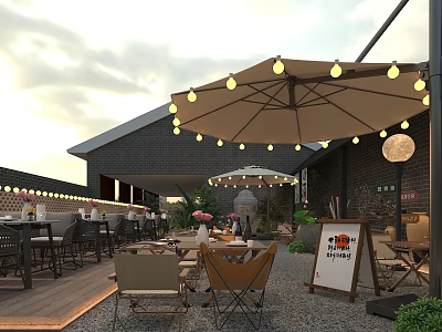Outdoor Garden Landscape Design With Umbrella String Lights Tables Chairs Gravel Ground And Green Plants 3d model