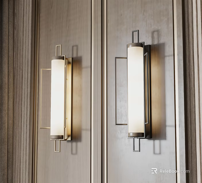 Modern Wall Sconces With Sleek Metal Frame And White Glass Shade On Wooden Wall 3d model 