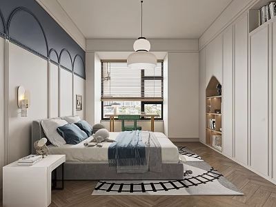 Modern Kids Room Interior With Bed White Wardrobe Desk And Geometric Rug 3d model