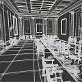 Elegant Dining Room With Long Tables Chairs Tableware Fruit Bowls And Marble Walls