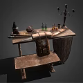 Vintage Wooden Workbench With Candle Holder Bottles Bag And Tools On Top