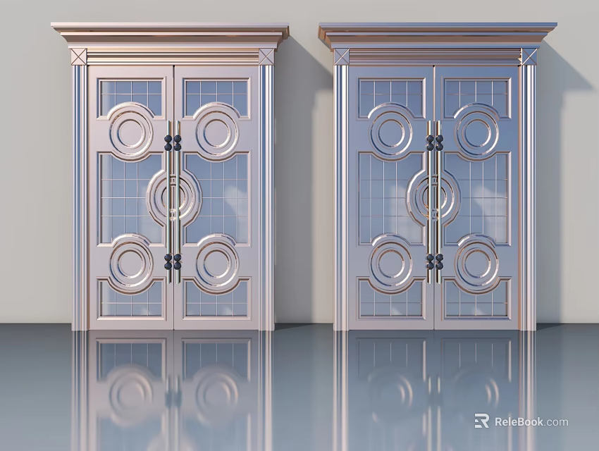 Elegant Decorative Double Swing Doors With Circular Patterns And Glass Panels 3d model 