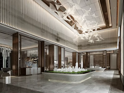 Elegant Modern Sales Office Lobby With Chandelier Building Model Marble Floor And Wooden Decor 3d model