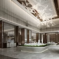 Elegant Modern Sales Office Lobby With Chandelier Building Model Marble Floor And Wooden Decor
