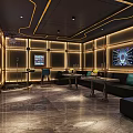 KTV Interior Design With Modern Lighting Black Sofas LED Screens And Bar Counter