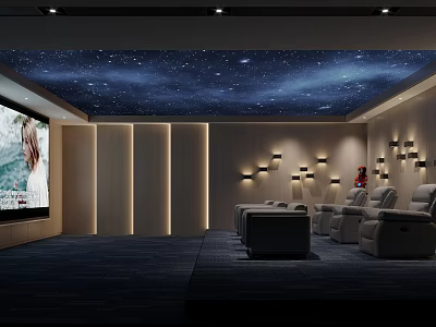 Luxurious Home Theater With Starry Ceiling Large Projection Screen And Comfortable Reclining Seats 3d model