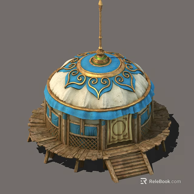 Traditional Round Top Tent Featuring Blue White Design And Golden Patterns On Wooden Platform 3d model 