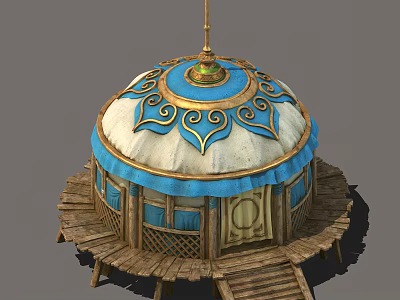 Traditional Round Top Tent Featuring Blue White Design And Golden Patterns On Wooden Platform 3d model