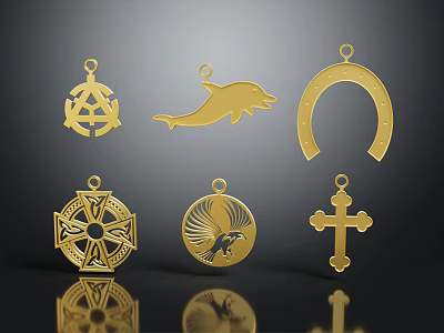 Golden Jewelry Pendants With Various Designs Anchor Dolphin Horseshoe Compass Eagle Cross 3d model