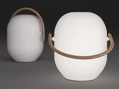 Two White Rounded Table Lamps With Brown Wooden Handles Design 3d model