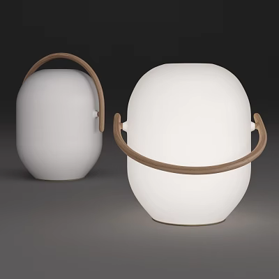 Two White Rounded Table Lamps With Brown Wooden Handles Design 3d model