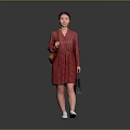 Woman In Red Dress Carrying Bag Walking On Gray Background With White Shoes