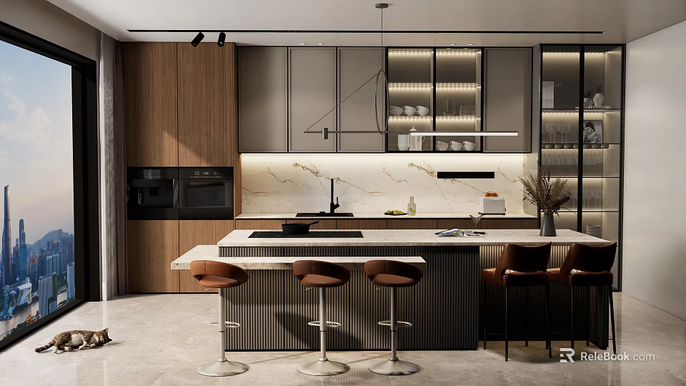 Modern Kitchen Interior With Marble Island Counter Wooden Cabinets Pendant Lights And Stools 3d model 