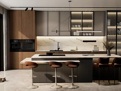 Modern Kitchen Interior With Marble Island Counter Wooden Cabinets Pendant Lights And Stools 3d model
