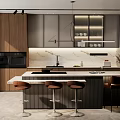 Modern Kitchen Interior With Marble Island Counter Wooden Cabinets Pendant Lights And Stools