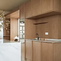 Modern Open Concept Dining and Living Area With Wooden Cabinets Marble Countertop and Green Plants