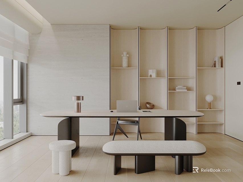 Minimalist Study Room Interior With Wooden Bookshelves Desk Bench And Natural Light 3d model 