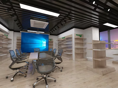 Modern Meeting Room Interior With Blue Screen Chairs Wooden Floor And Shelves 3d model
