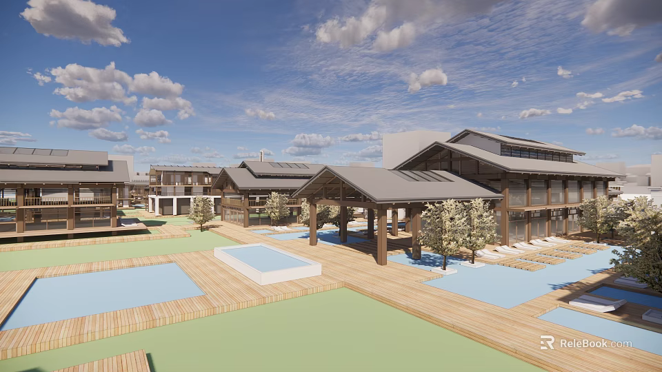 Traditional Guesthouse Architecture with Courtyards Ponds Trees Wooden Decks and Green Lawns 3d model 